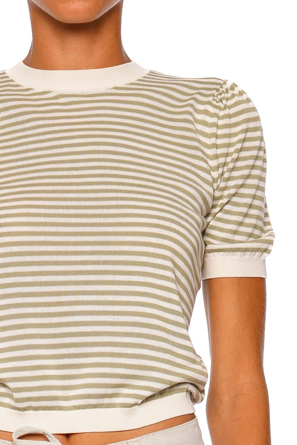 FRAME The Striped Gather Sweater Sage Multi Short Sleeve Sweater Top