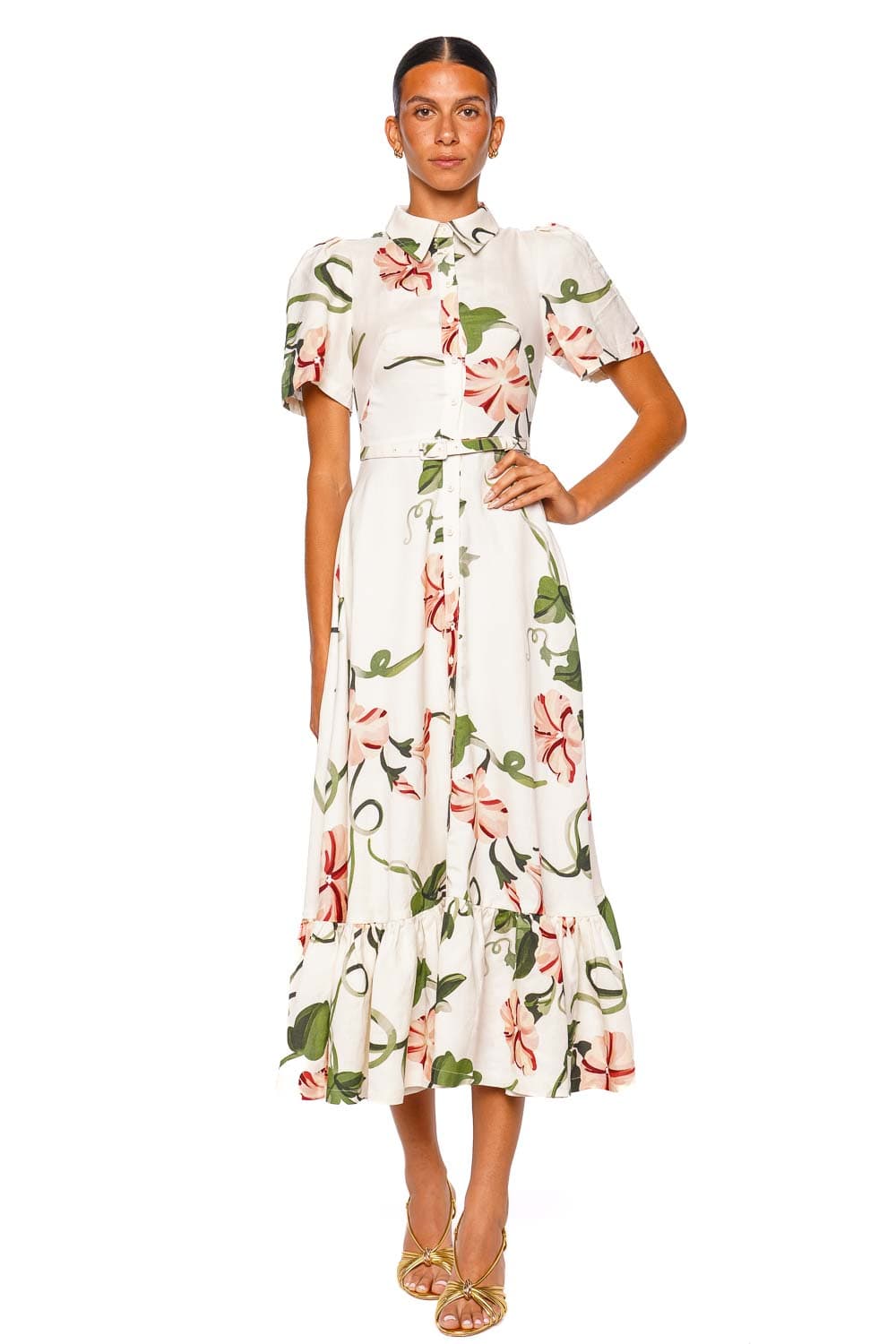 LEO LIN Becca Vine Print Short Sleeve Midi Shirt Dress