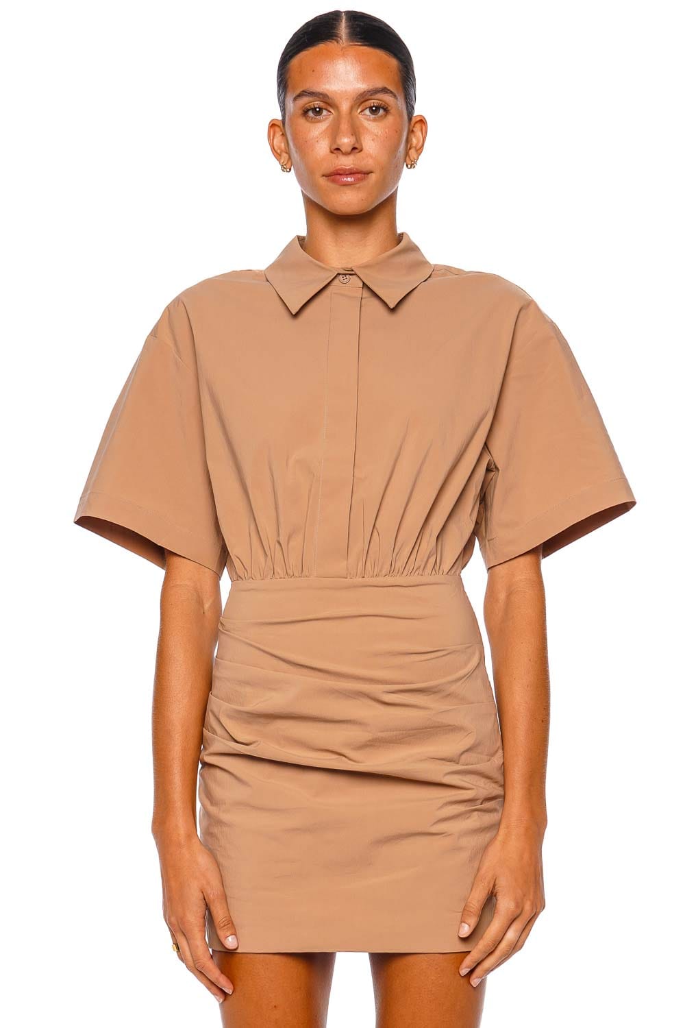 【ミル】FLUTED SHORT SLEEVE SHIRT DRESS Campbell Clay Fitted Mini Shirt Dress