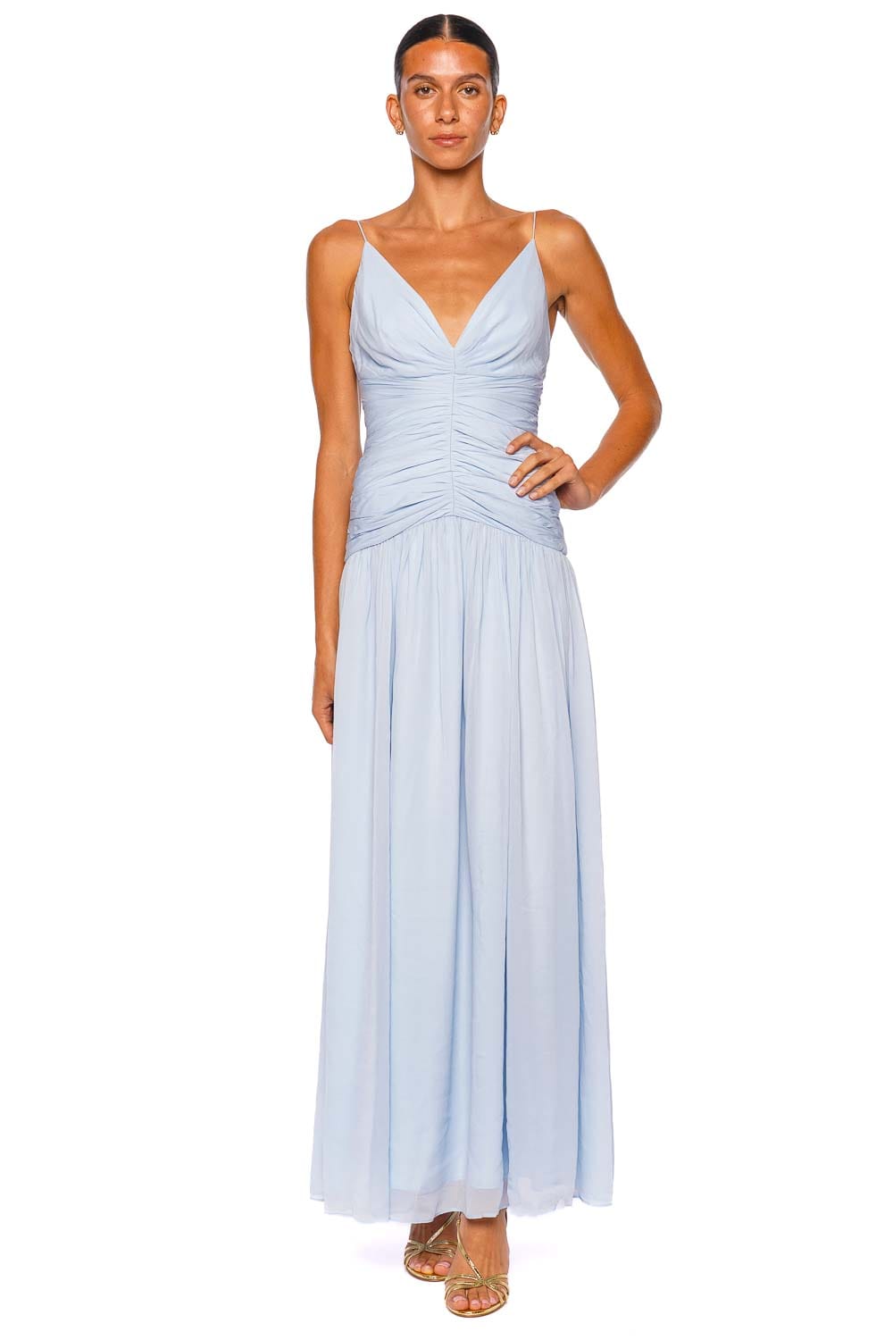 Shona Joy Juno Gathered Bodice Arcadian Blue Spaghetti Strap Maxi Dress