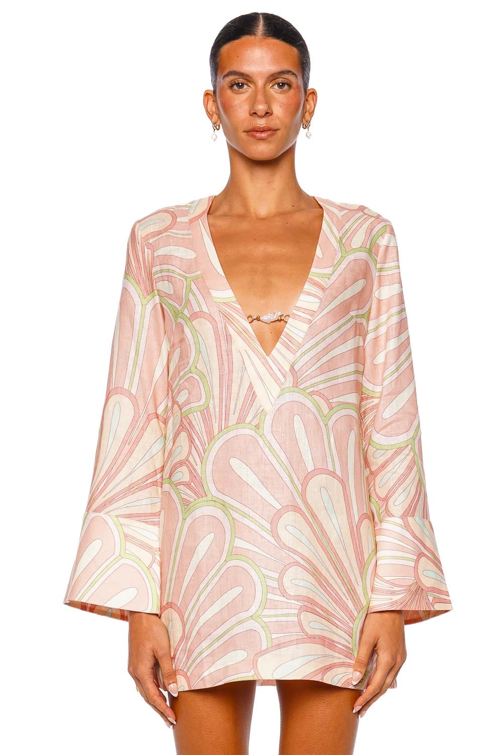 Shani Shemer Valerie Pink Floral Long Sleeve Mini Kaftan Dress