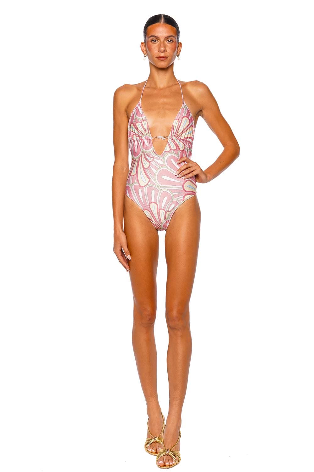Shani Shemer Elia Pink Floral Halter One Piece Swimsuit