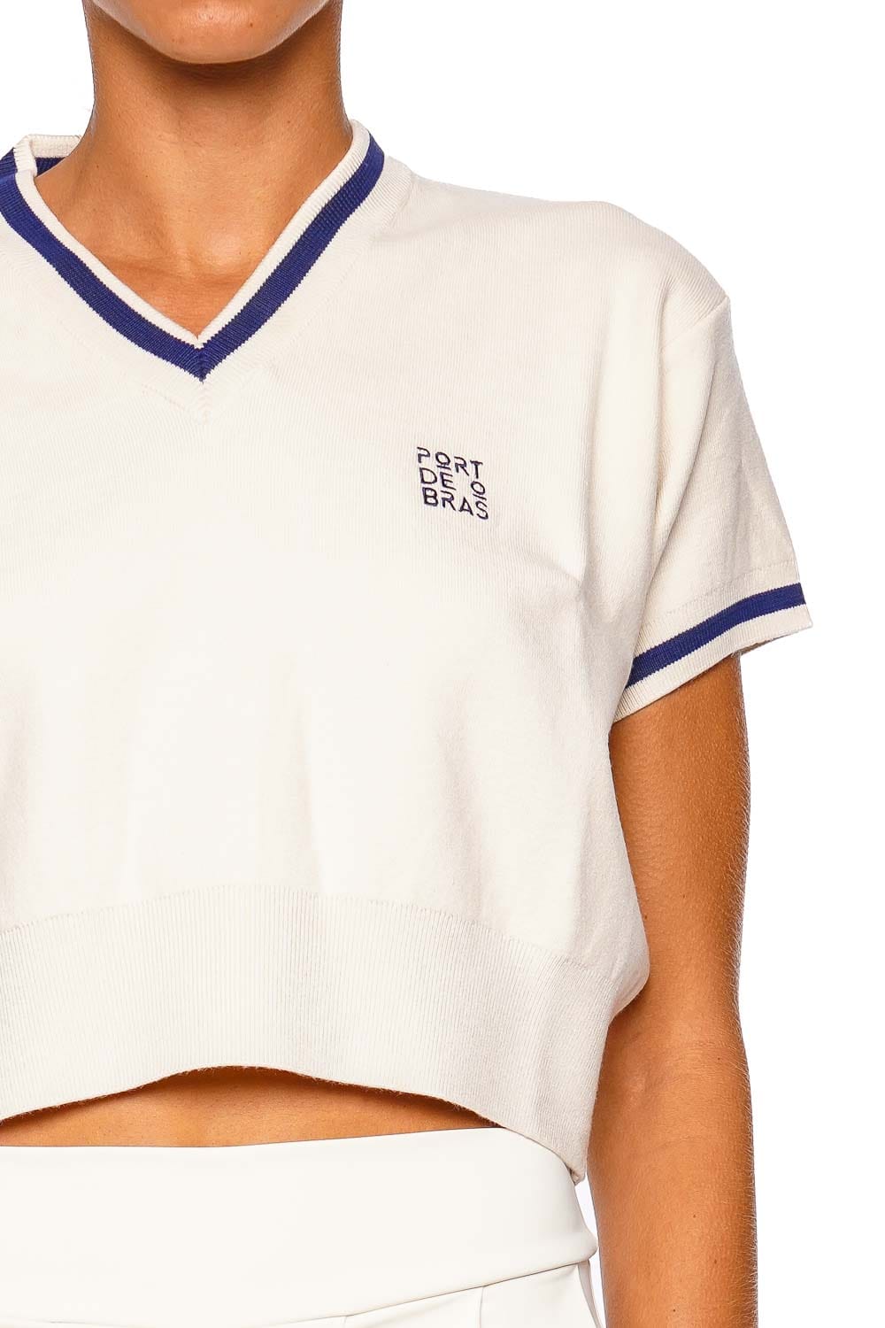 Port de Bras Bea Chantilly Navy Short Sleeve Cropped Knit Top