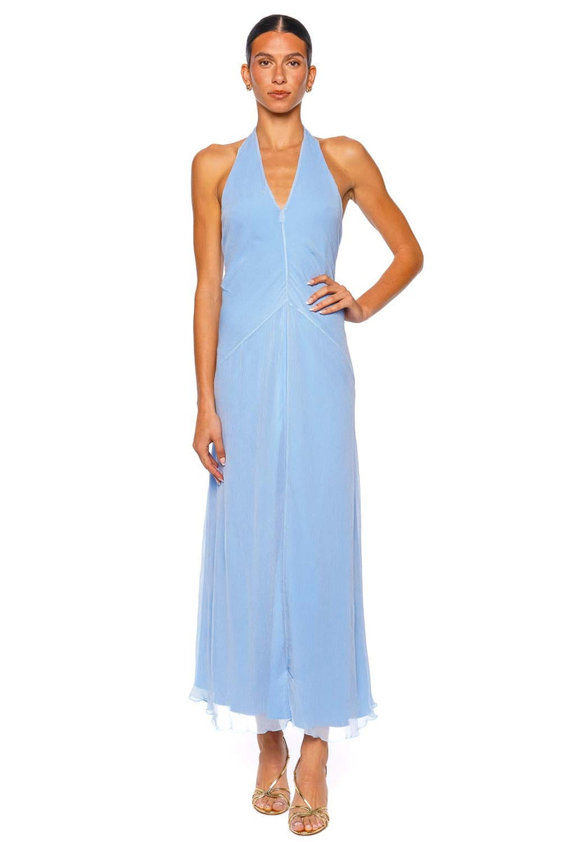 Luma Clear Blue Ruched Halter Maxi Dress
