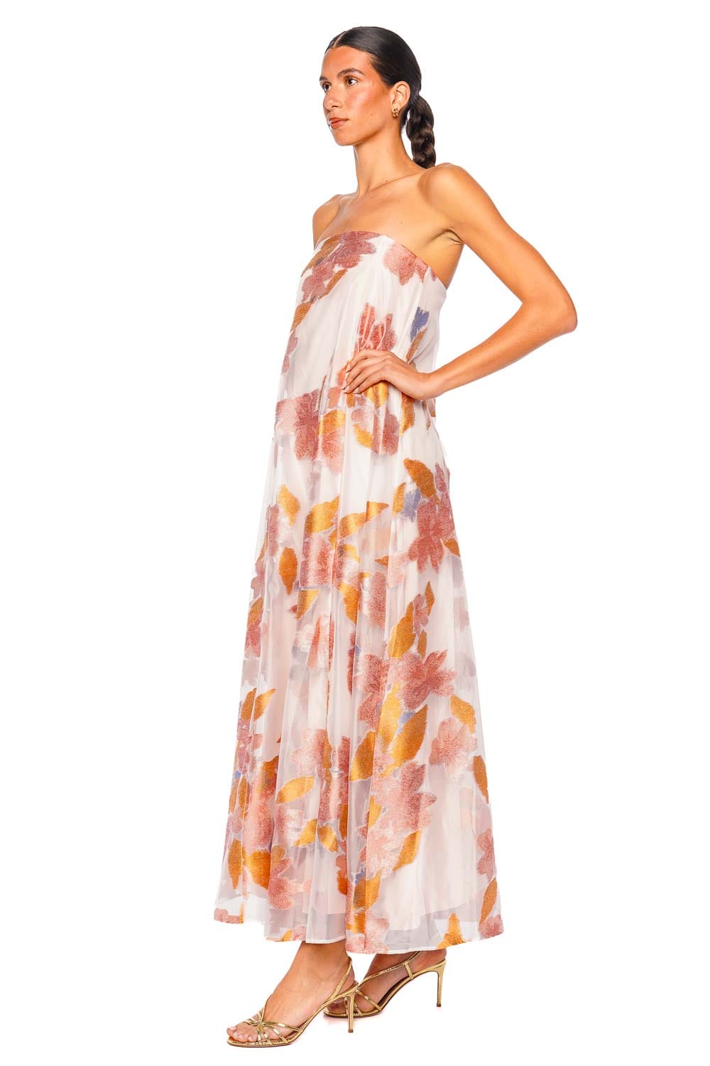 Roselight Blue Rose Frill Silk Maxi Dress