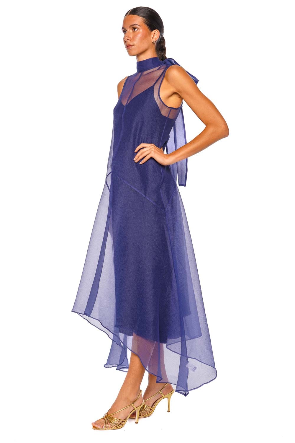 Staud Auden Navy Sleeveless High Neck Midi Dress