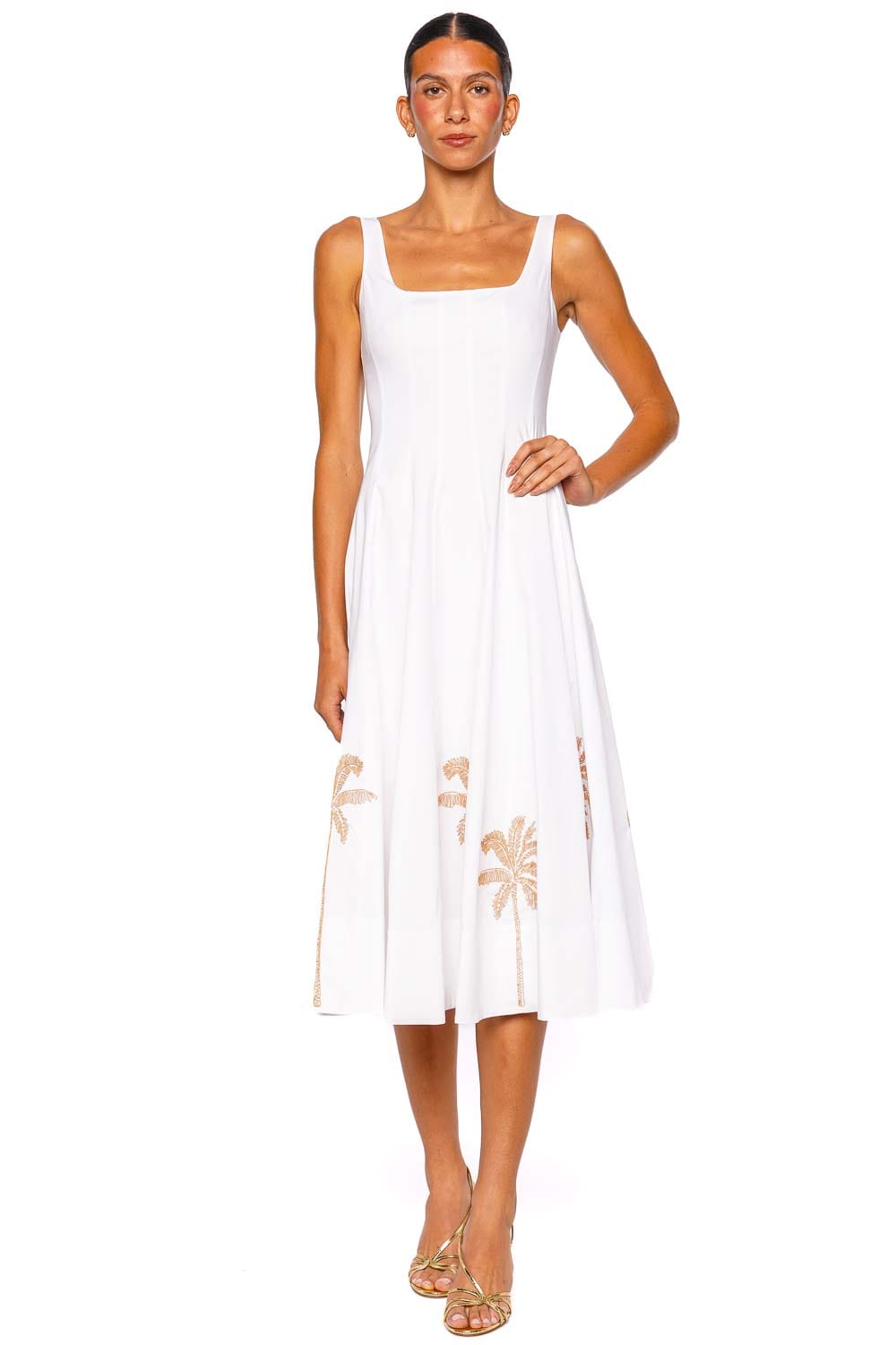 Staud Wells White Palm Embroidered Midi Dress