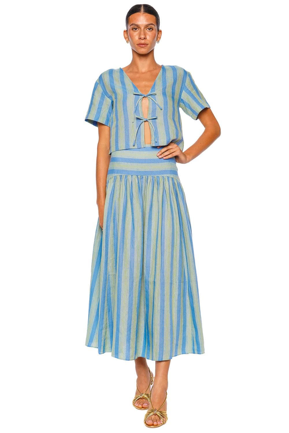 Staud Ava Seaport Stripe Tie Front Linen Top