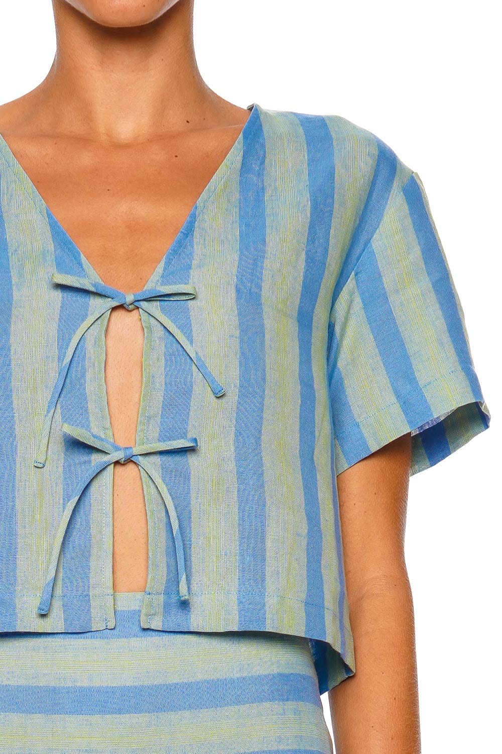 Staud Ava Seaport Stripe Tie Front Linen Top