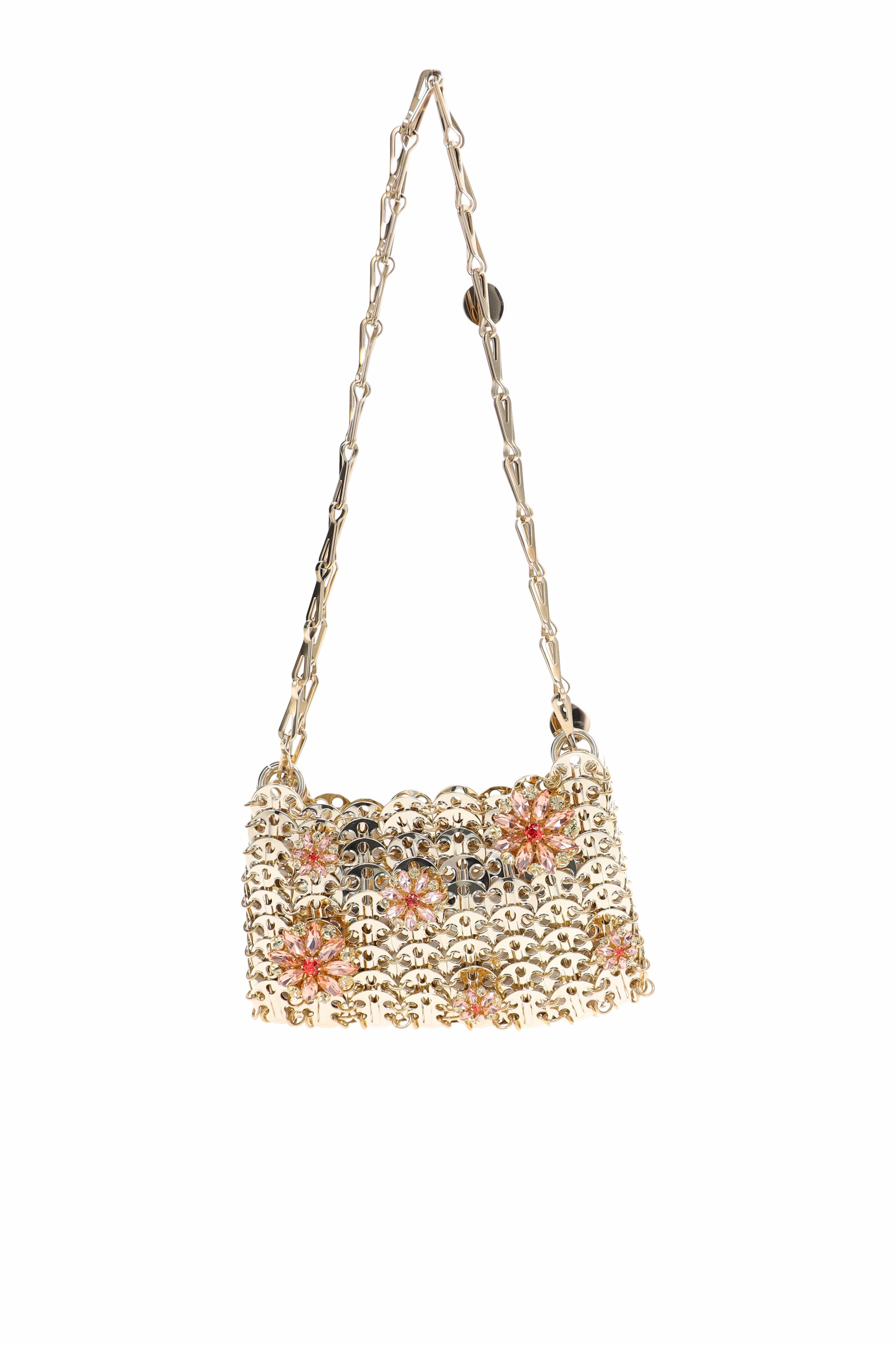 Rabanne 1969 Gold Nano Pink Strass Flower Bag