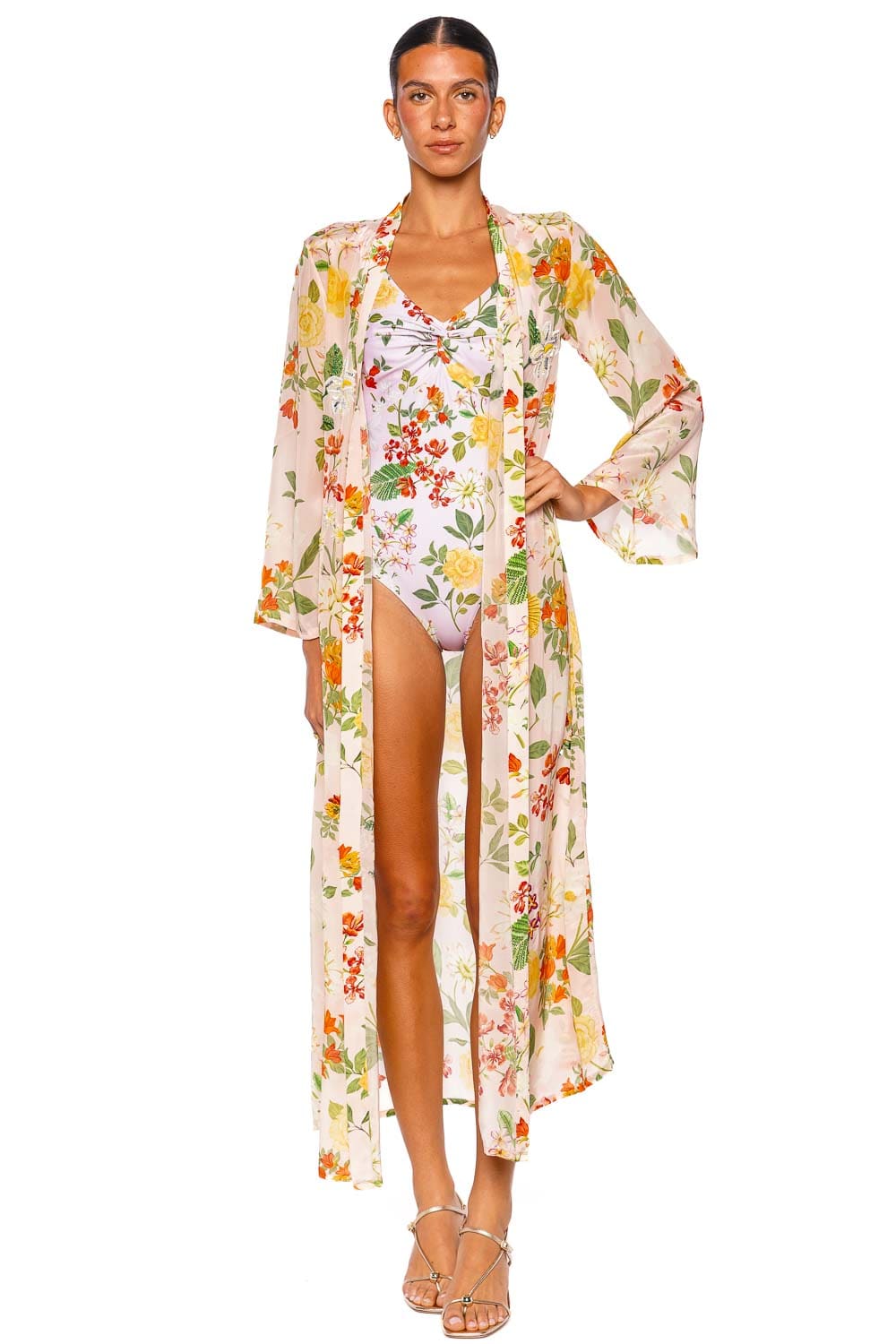 Verandah Hand Beaded Blush Floral Long Sleeve Kimono Kaftan