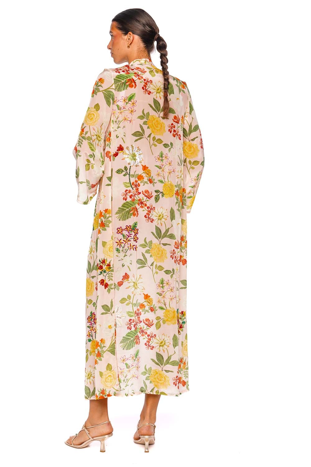 Verandah Hand Beaded Blush Floral Long Sleeve Kimono Kaftan