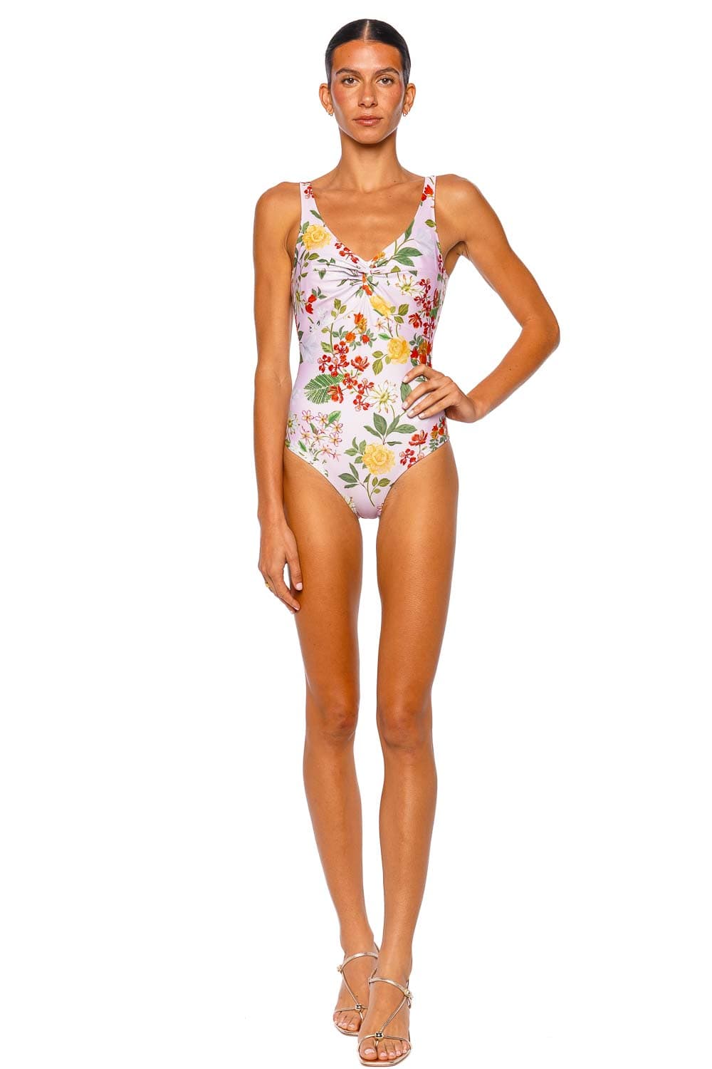 Verandah Twisted Drape Blush Floral Strappy One Piece Swimsuit