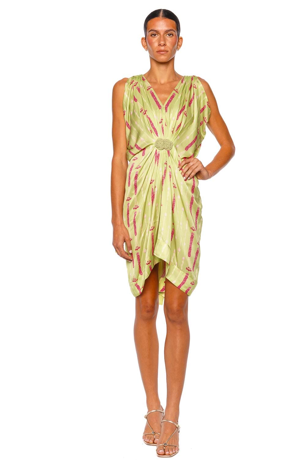 Verandah Hand Draped Sage Green Floral Stripe Sleeveless Mini Dress