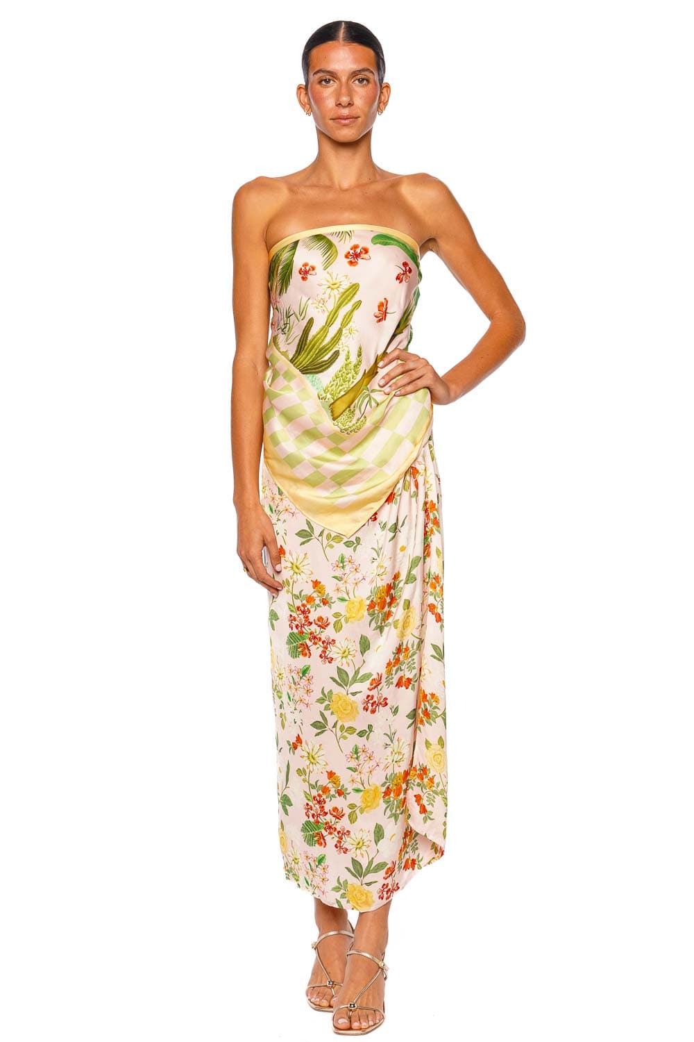 Verandah Lotus Mallipoo Blush Green Strapless Scarf Midi Dress
