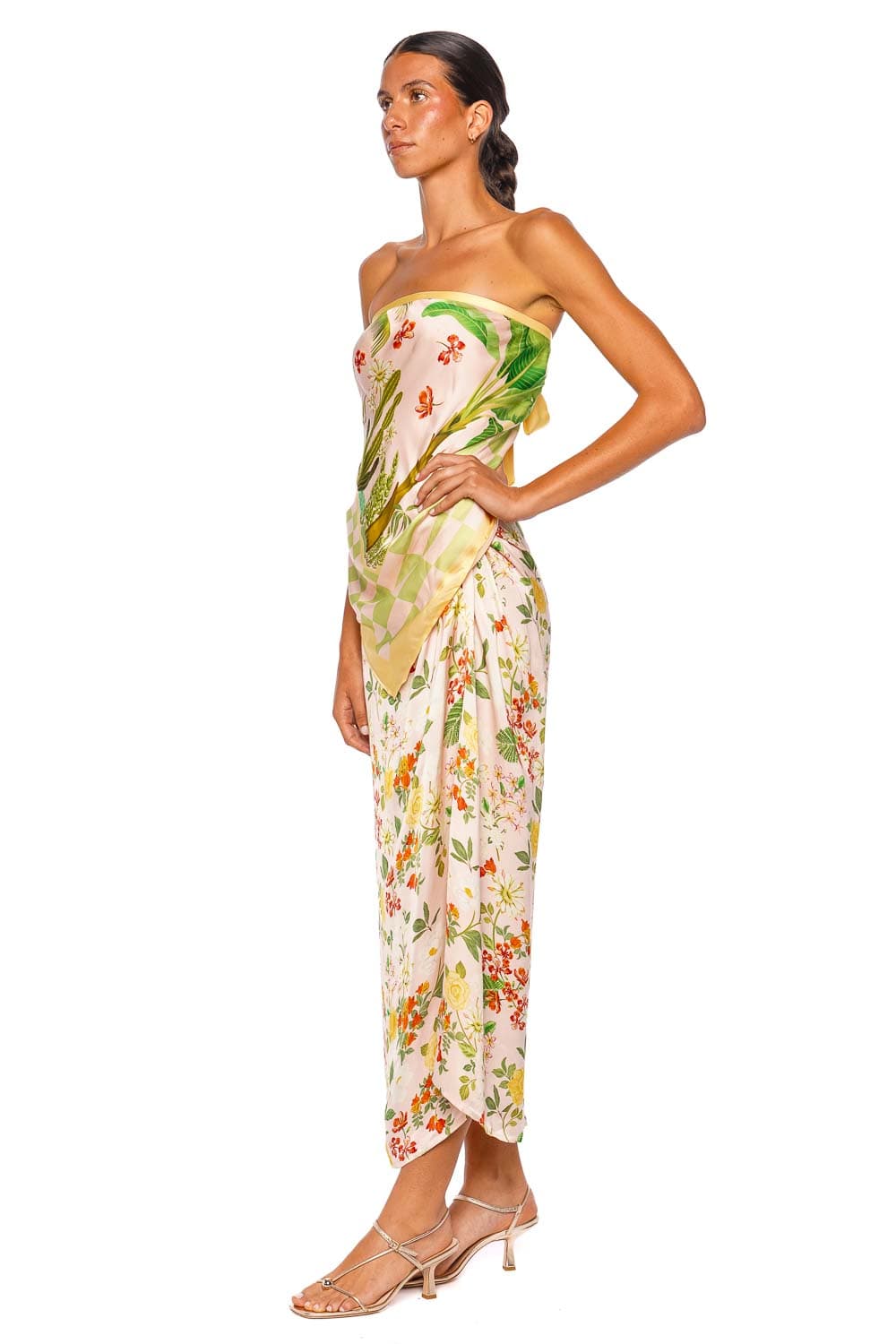 Verandah Lotus Mallipoo Blush Green Strapless Scarf Midi Dress