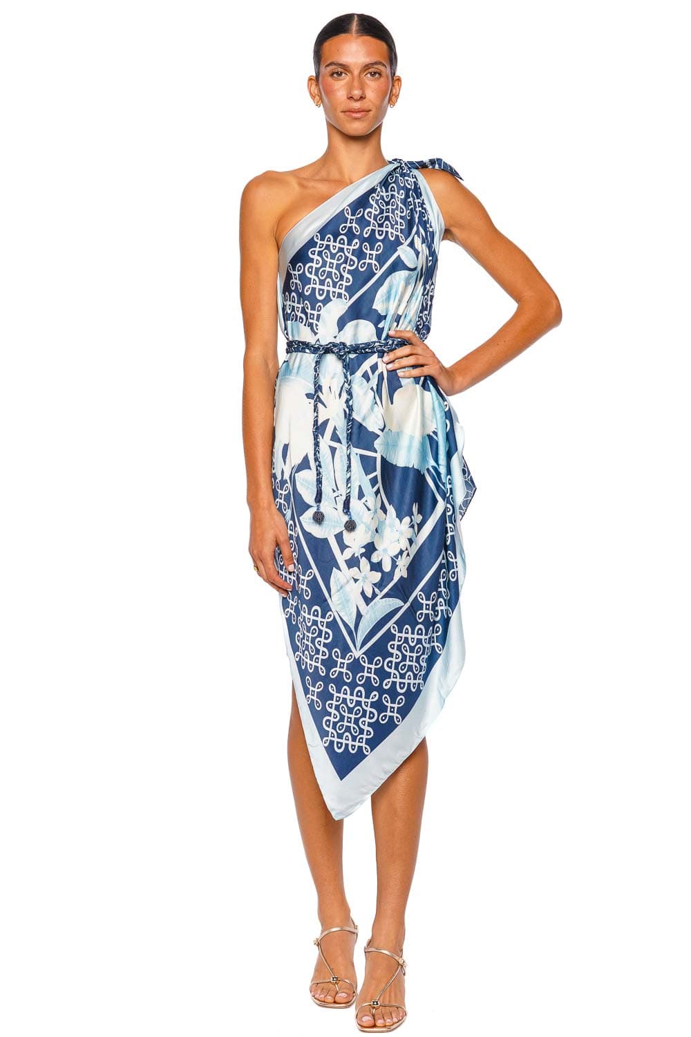 Verandah Multiway Scarf Navy One Shoulder Midi Dress
