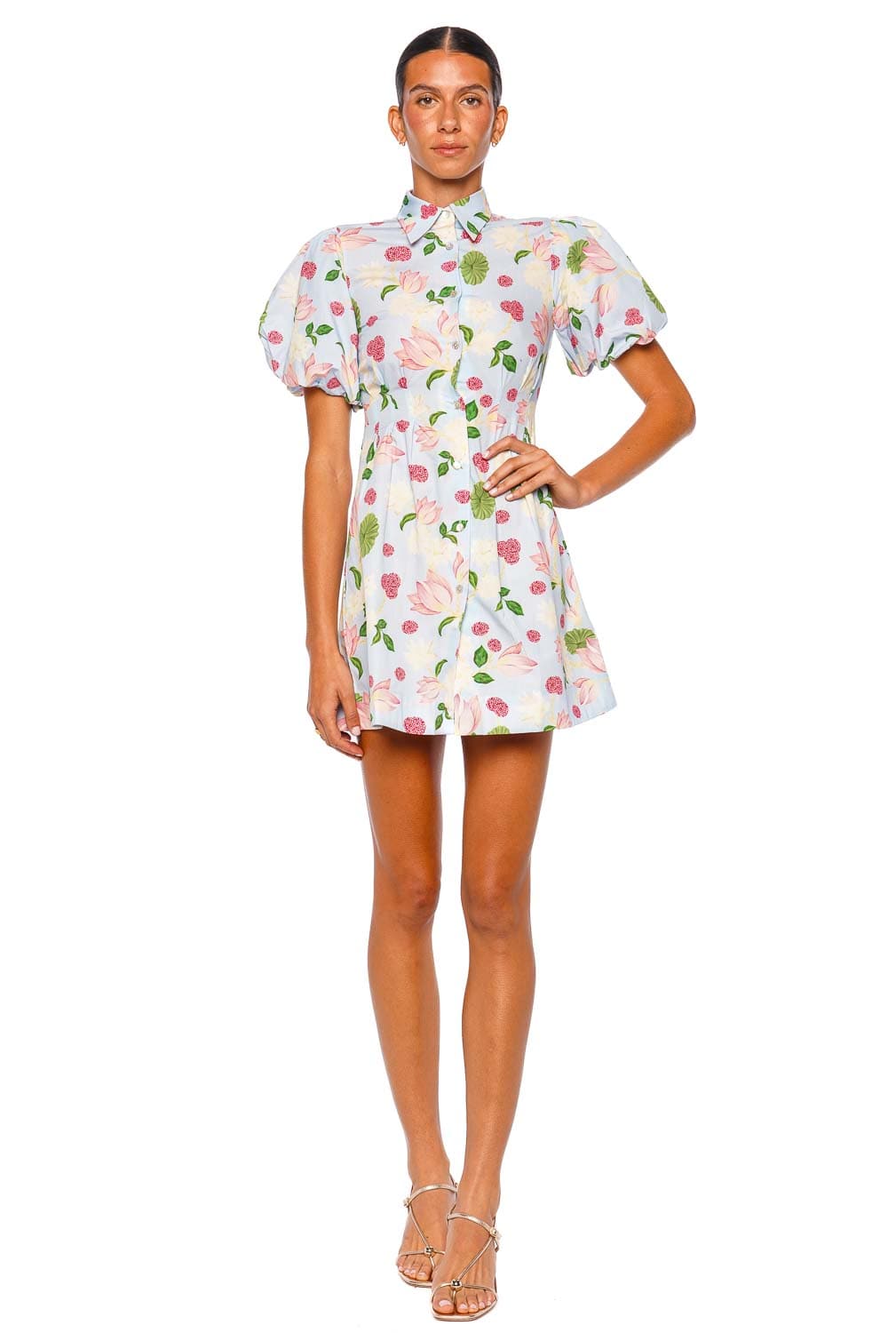 Verandah Hand Pleated Ice Blue Lotus Puff Sleeve Mini Dress