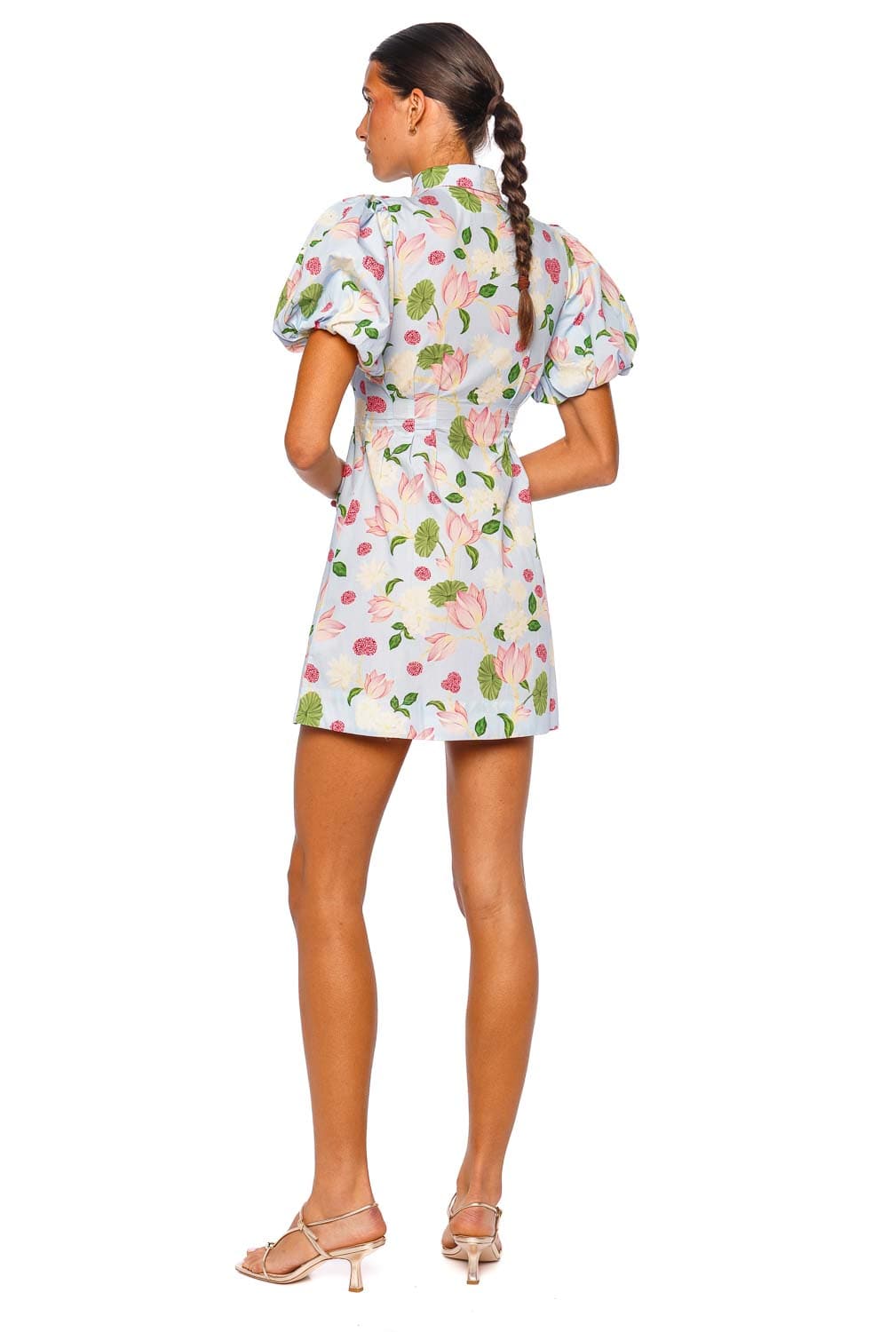 Verandah Hand Pleated Ice Blue Lotus Puff Sleeve Mini Dress