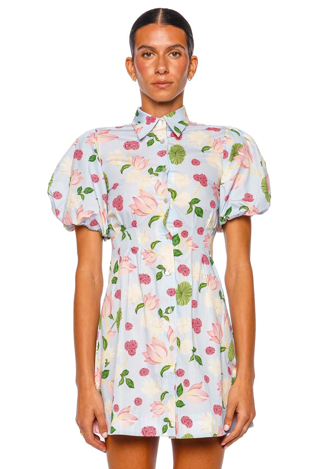 Verandah Ice Blue Lotus Hand Pleated Cotton Mini Dress