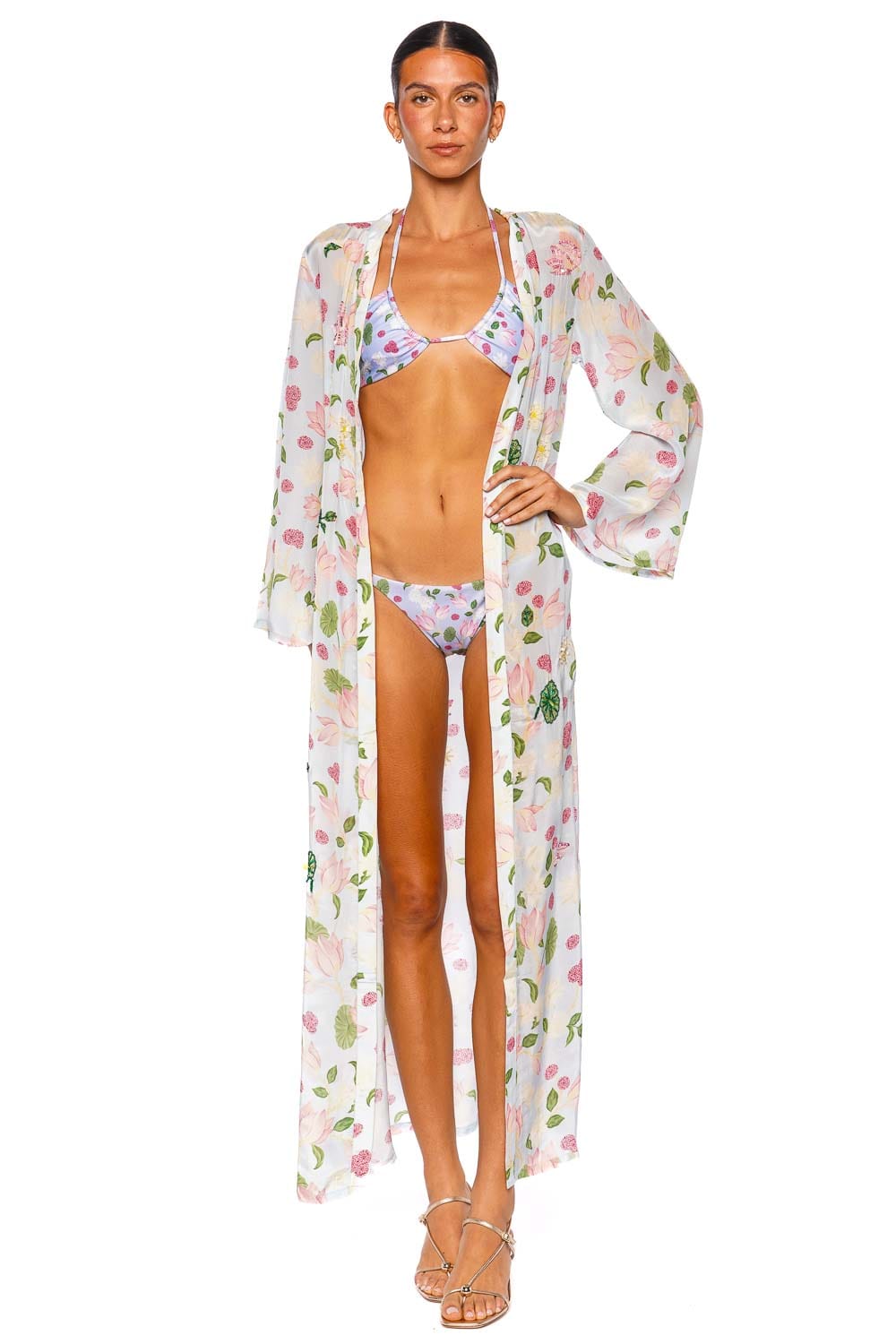 Verandah Hand Beaded Ice Blue Lotus Long Sleeve Maxi Kimono Kaftan