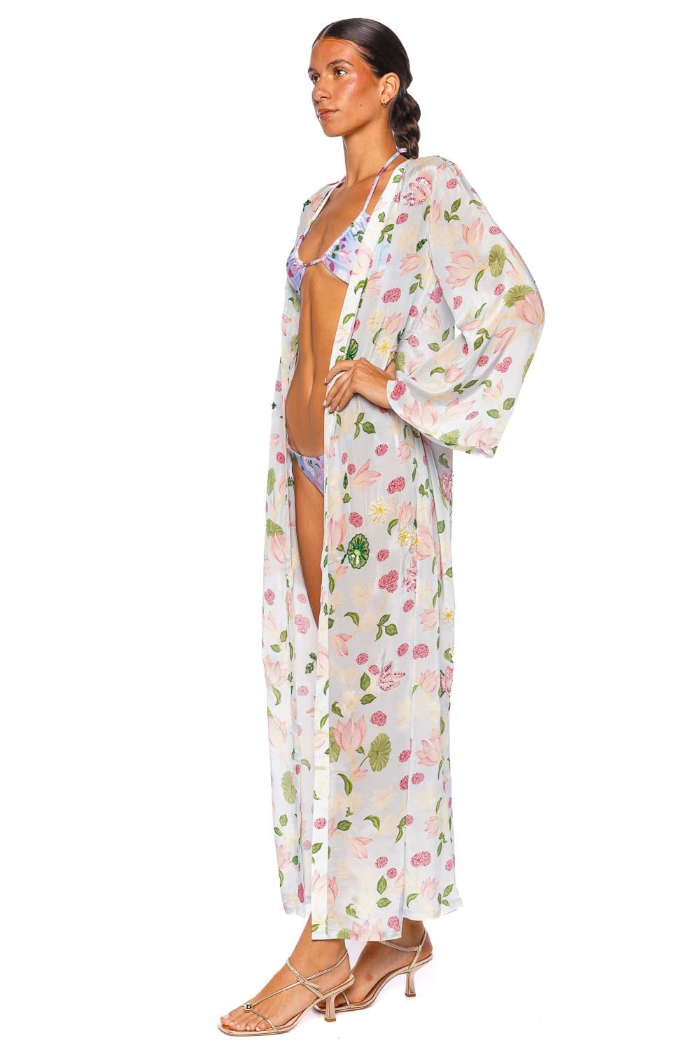 Verandah Hand Beaded Ice Blue Lotus Long Sleeve Maxi Kimono Kaftan