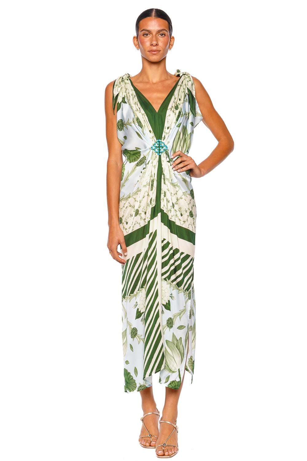 Verandah Hand Knotted Drape Ice Blue Emerald Tie Shoulder Maxi Gown