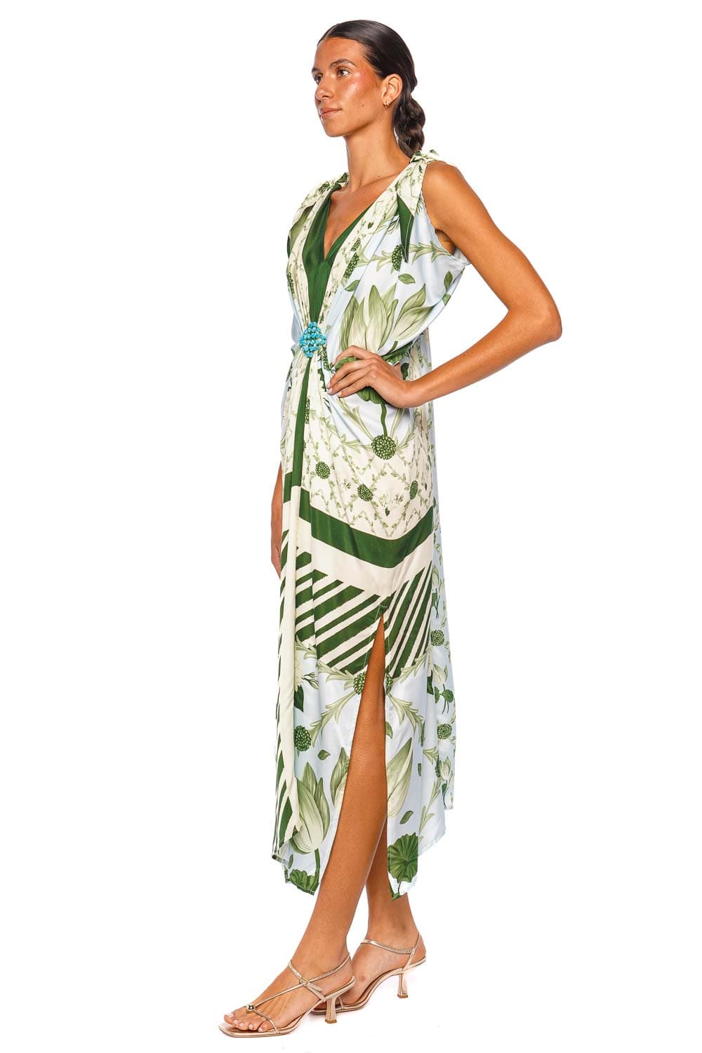 Verandah Hand Knotted Drape Ice Blue Emerald Tie Shoulder Maxi Gown