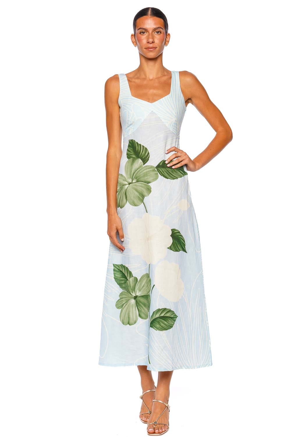 Verandah Linen Summer Ice Blue Floral Sleeveless Maxi Dress