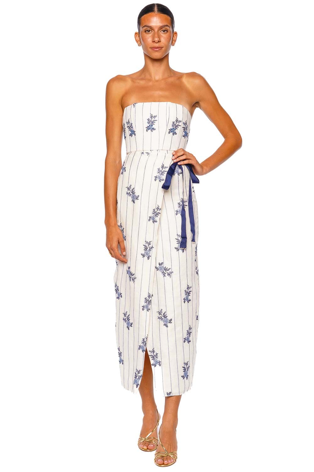 AGUA by Agua Bendita Cinefila Valle White Blue Strapless Midi Dress