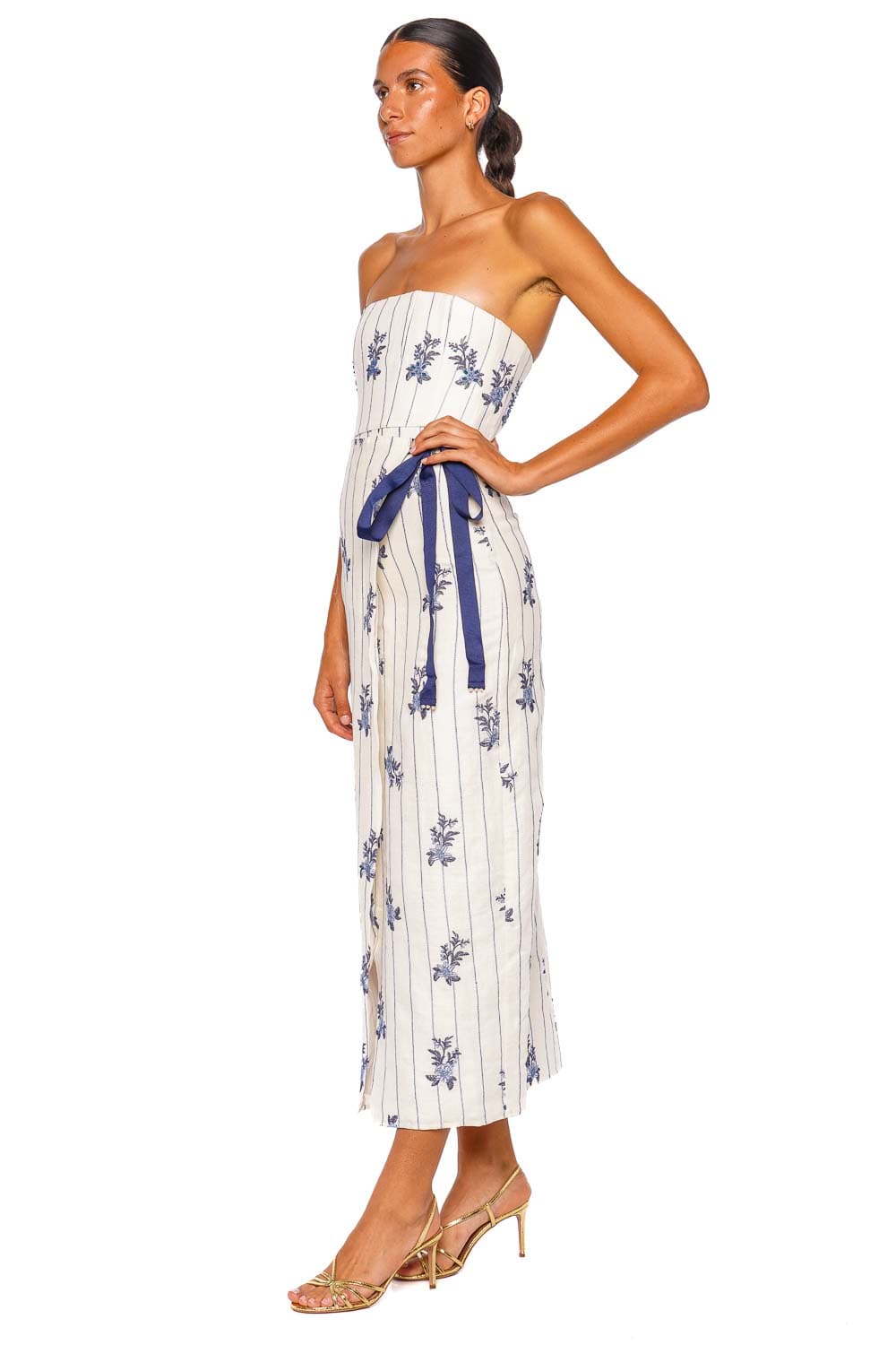 AGUA by Agua Bendita Cinefila Valle White Blue Strapless Midi Dress