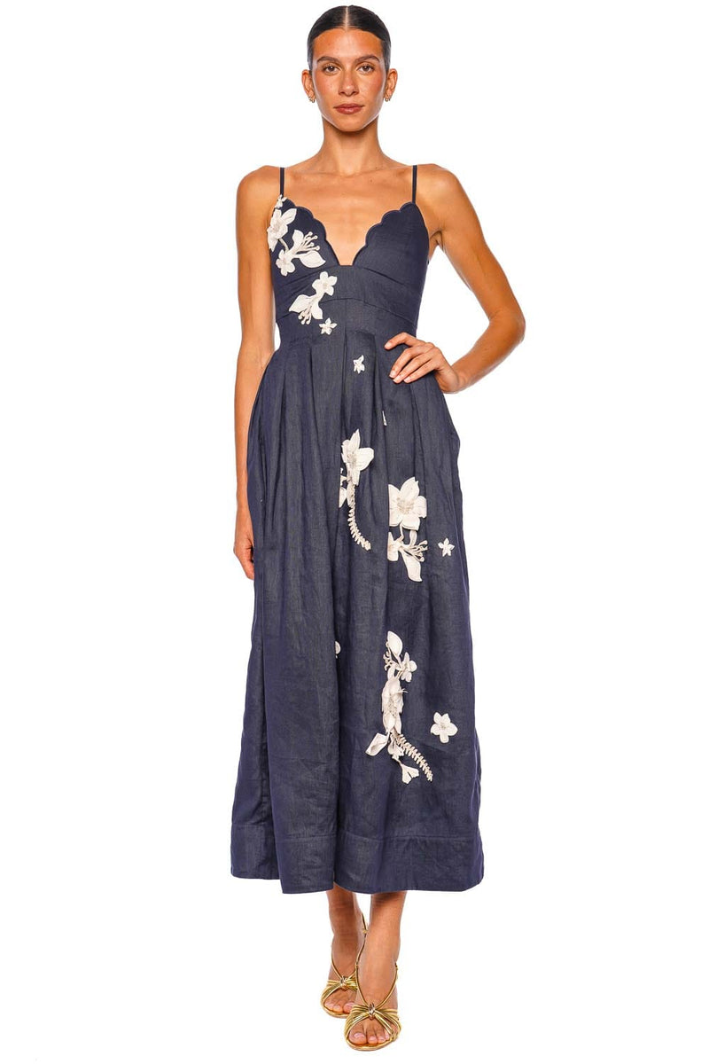 Sula Cauca Navy Floral Linen Midi Dress