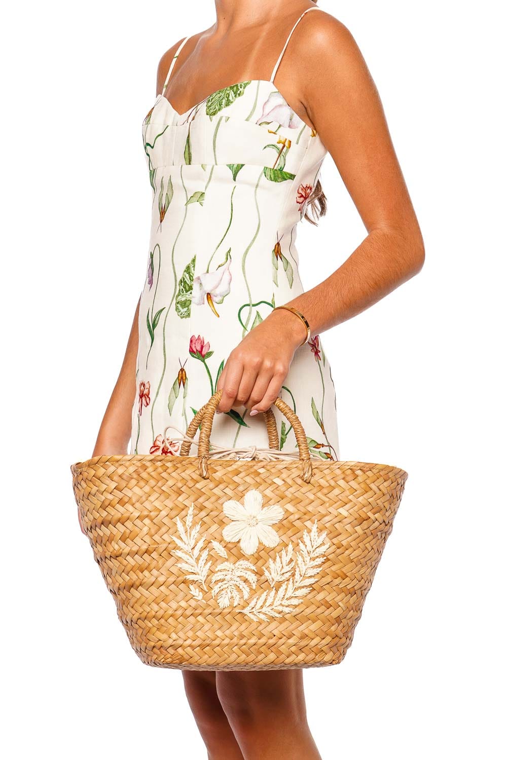 KAYU Lotus Floral Embroidered Woven Raffia Tote