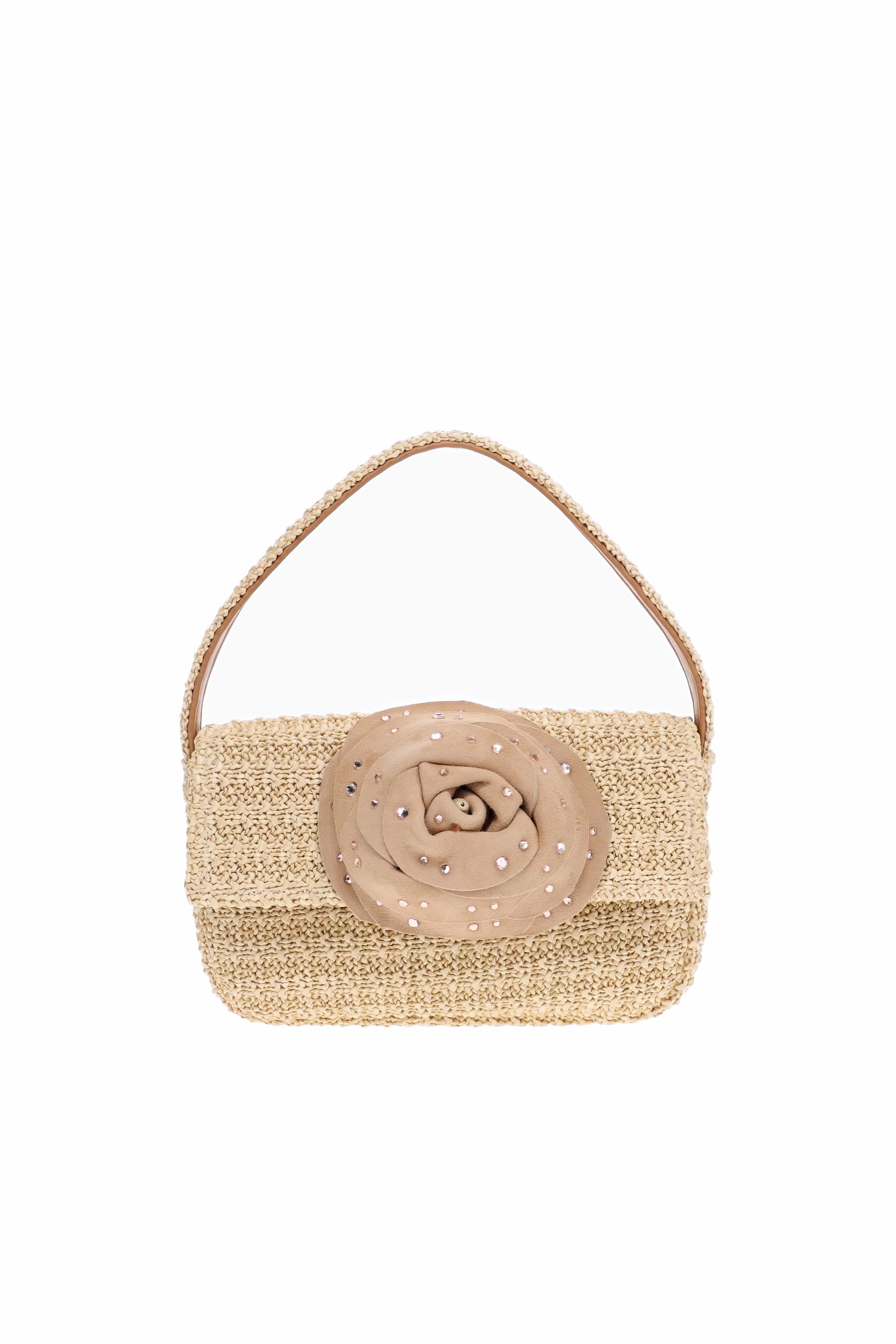 Gedebe Habibi Natural Caramel Mini Flower Raffia Shoulder Bag