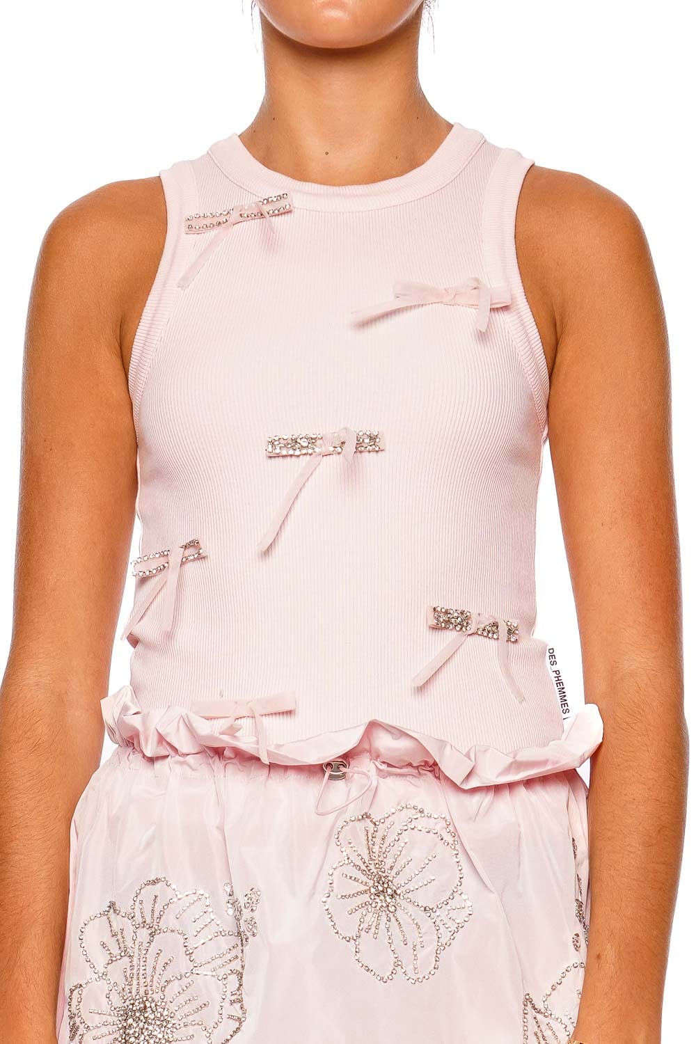 DES_PHEMMES Classic Embellished Tank Candy Pink Sleeveless Ribbed Top