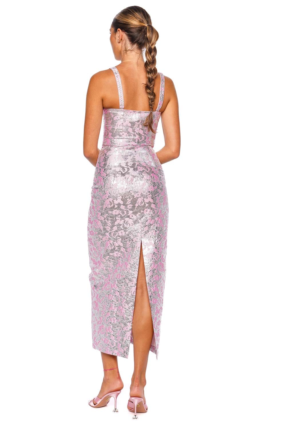 DES_PHEMMES Bustier Silver Candy Pink Strappy Maxi Dress
