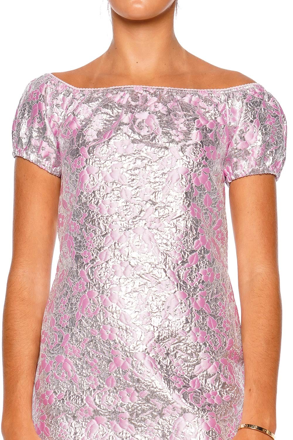 DES_PHEMMES Off Shoulder Mini Dress Silver Candy Pink Short Sleeve Mini Dress