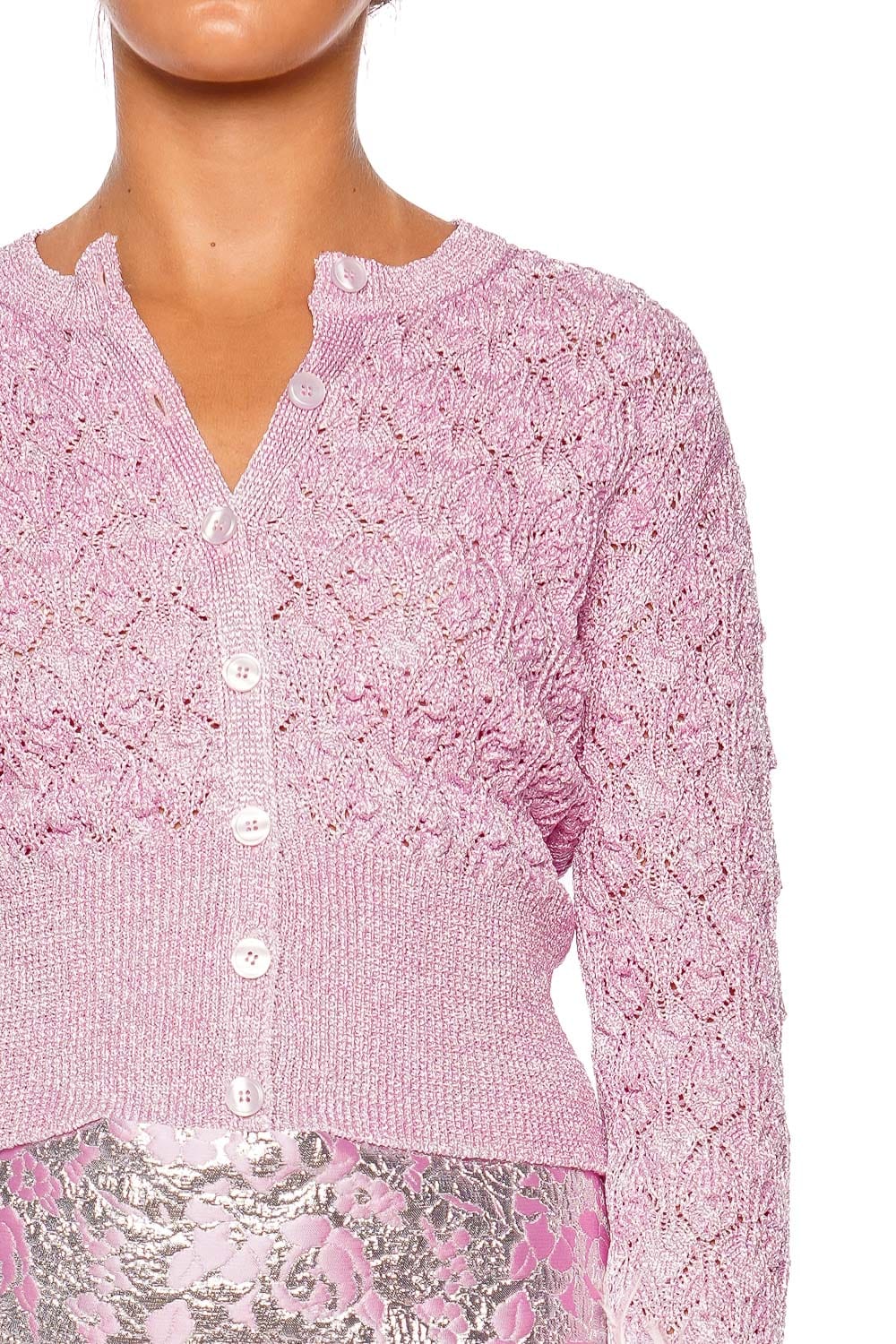 DES_PHEMMES Openwork Candy Pink Long Sleeve Cardigan