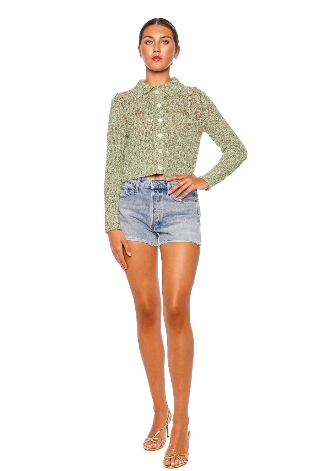 DES_PHEMMES Boucle Cardigan Aqua Vanilla Long Sleeve Cropped Cardigan