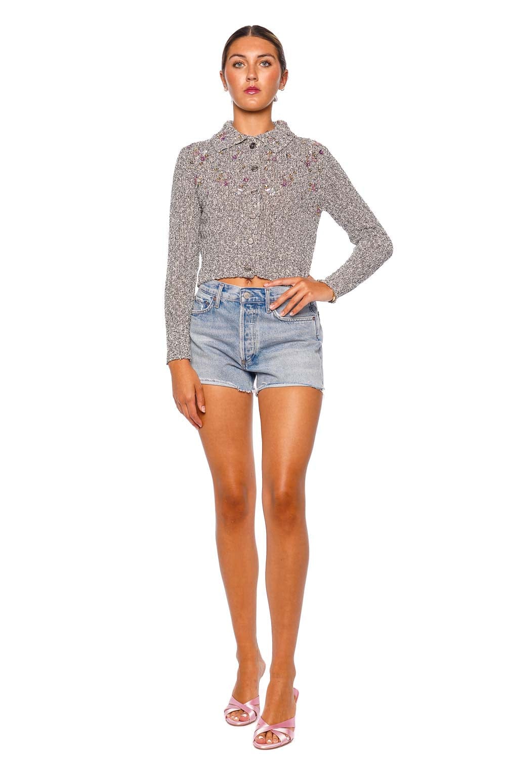 DES_PHEMMES Boucle Cardigan Black Vanilla Long Sleeve Cropped Cardigan