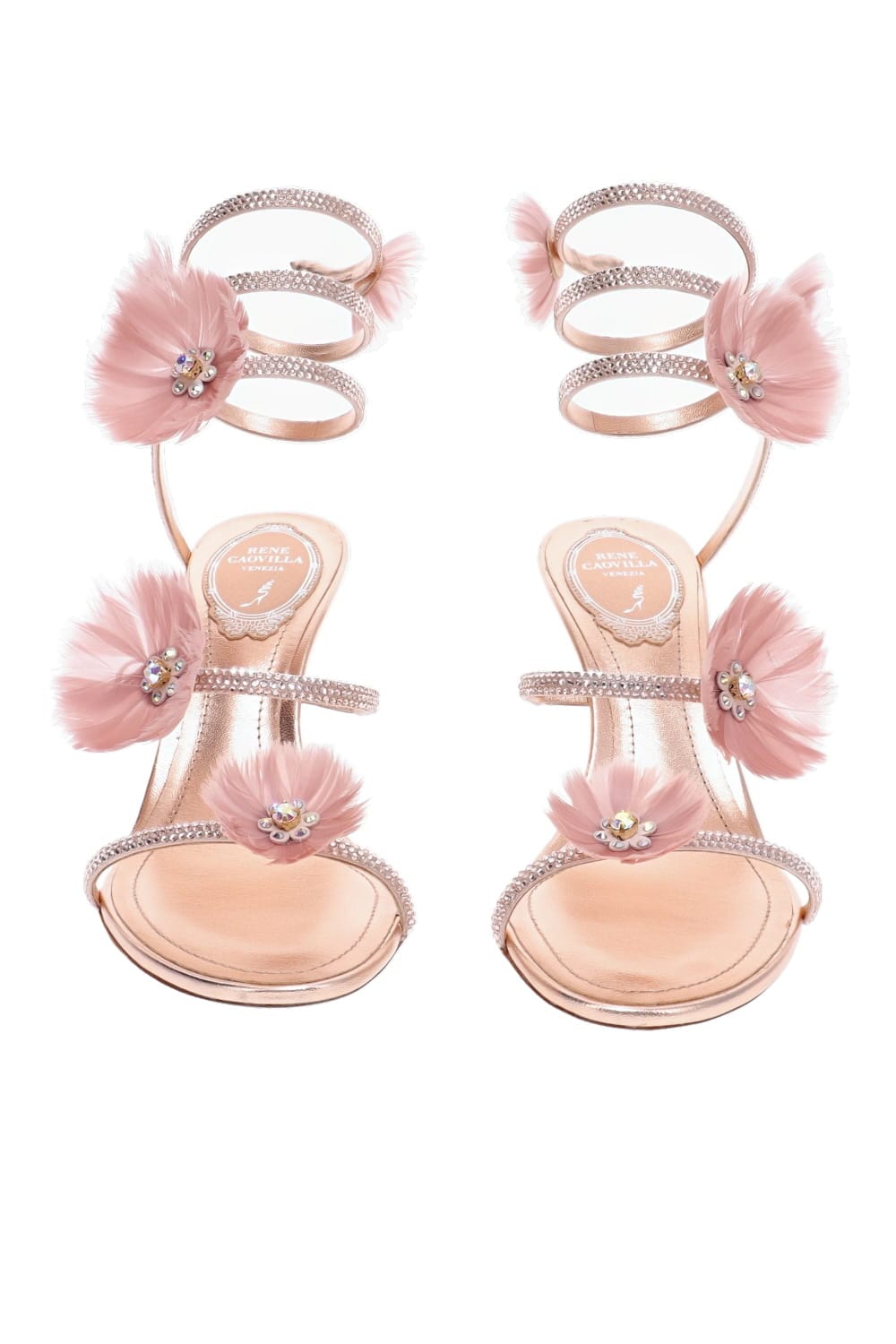 RENE CAOVILLA Pink Floral Light Rose Ankle Wrap Heeled Sandal