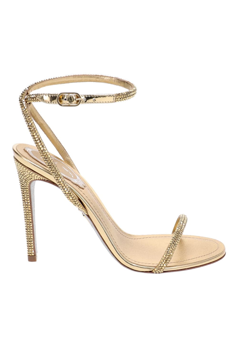 RENE CAOVILLA Gold Crystal Leather Gold Ankle Strap Heeled Sandal