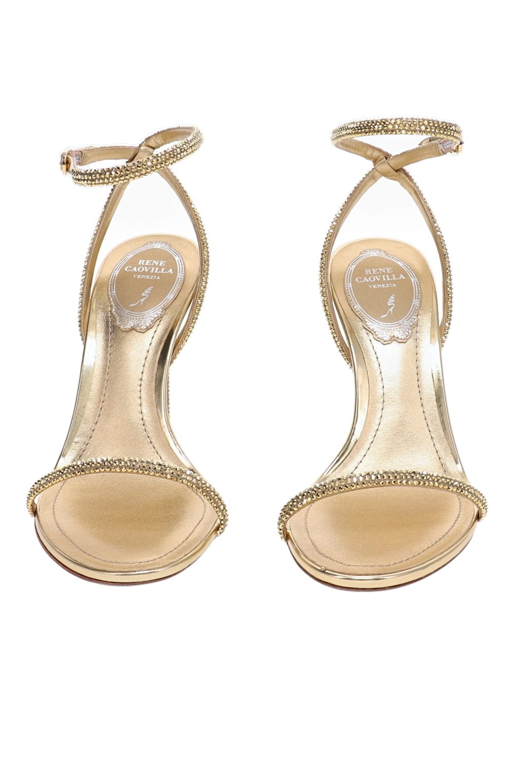 RENE CAOVILLA Gold Crystal Leather Gold Ankle Strap Heeled Sandal