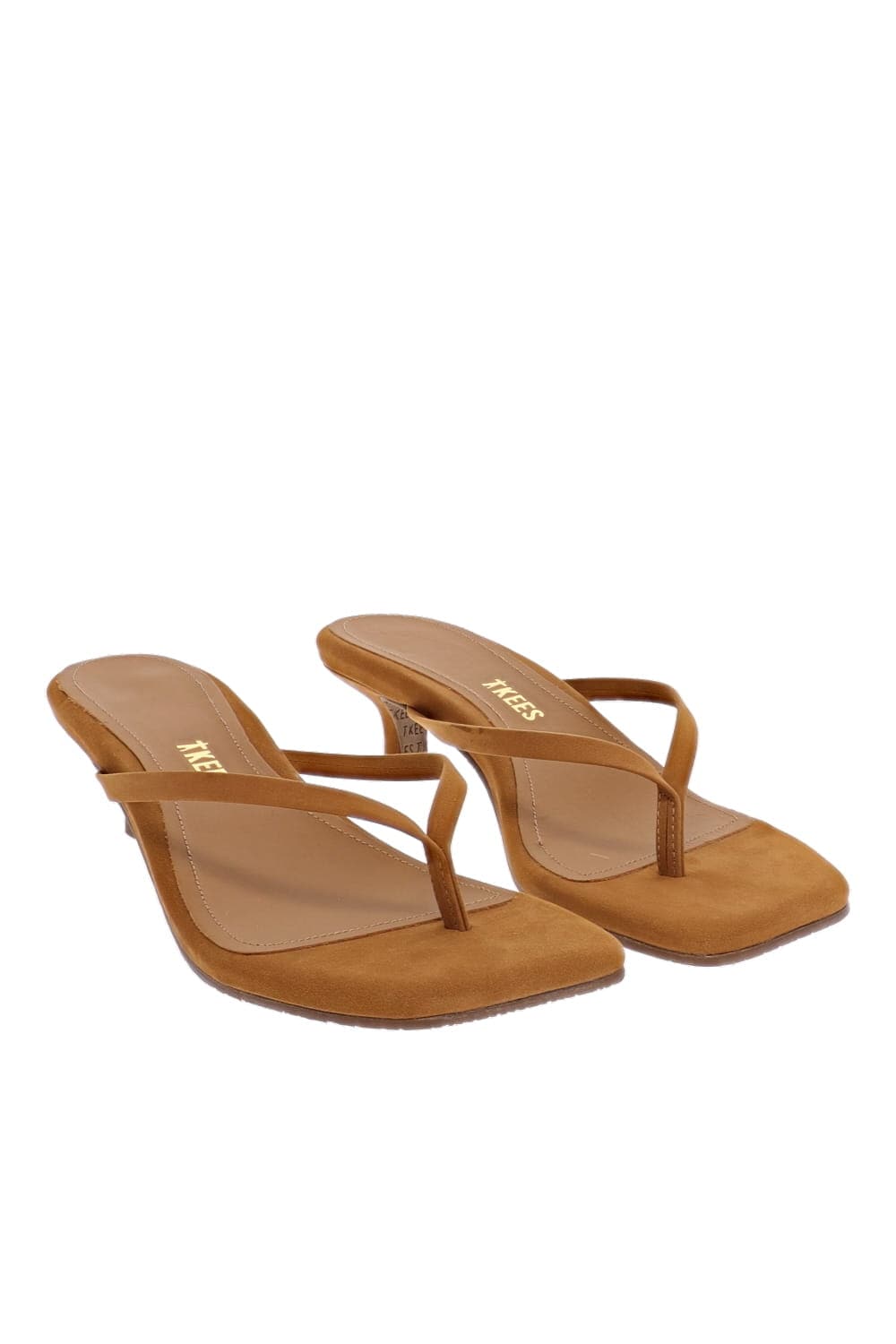 TKEES Square Toe Julia Camel Suede Thong Heel Sandals
