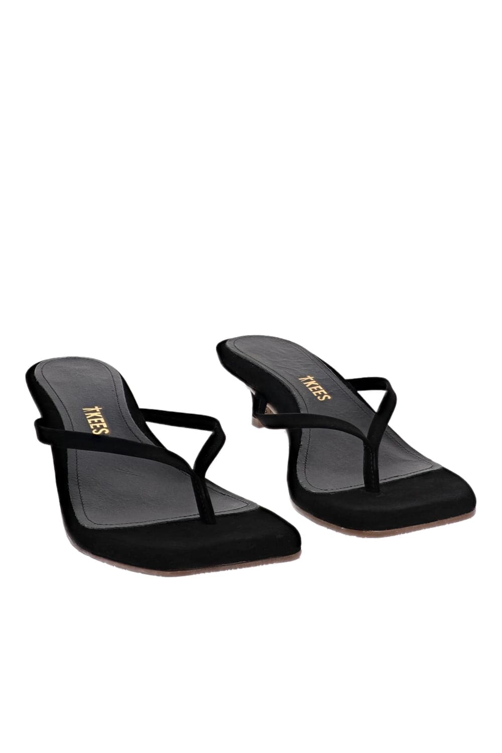 TKEES Square Toe Julia Black Suede Kitten Heel Sandal