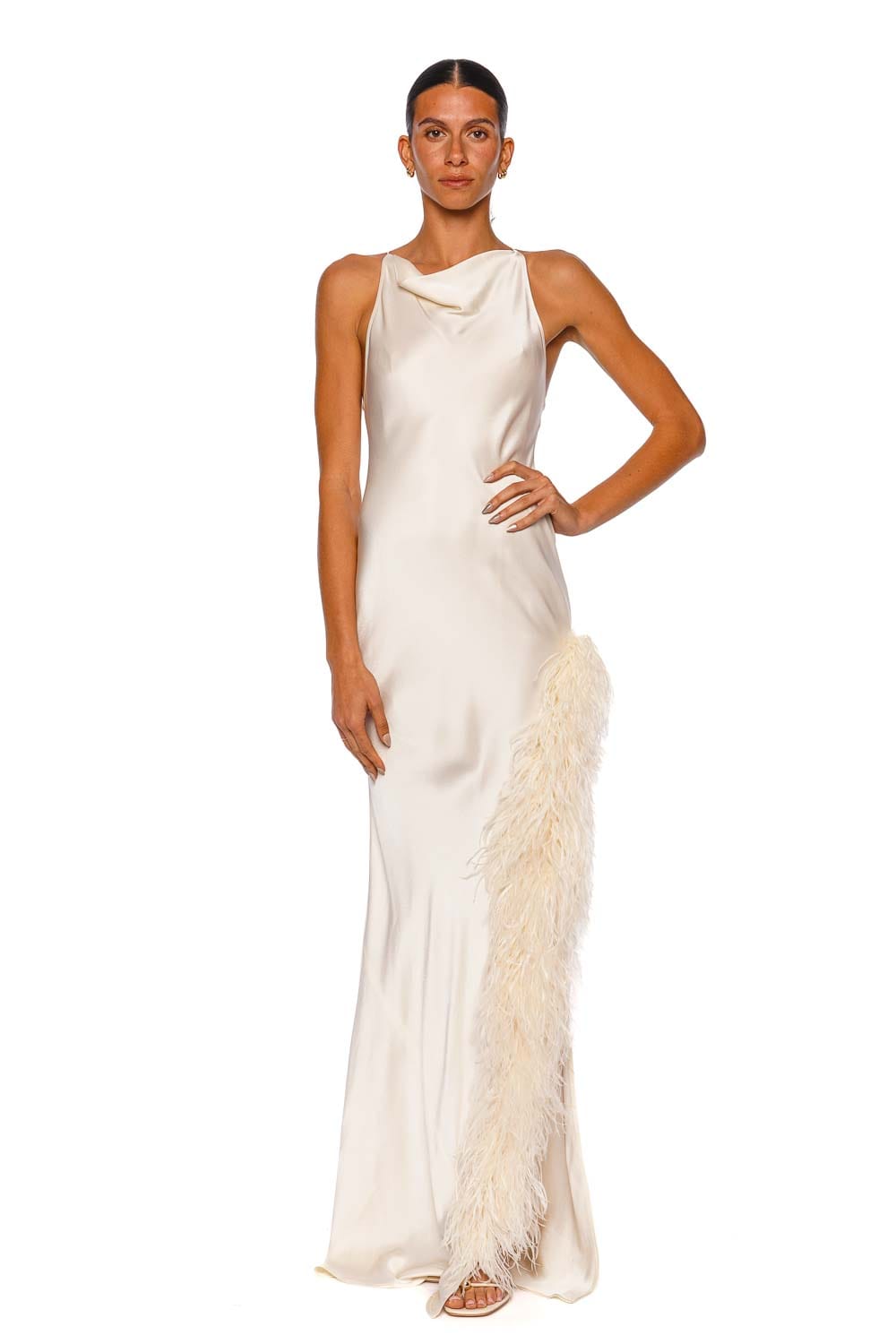 LAPOINTE Cream Satin Halter Gown with Feather Detail