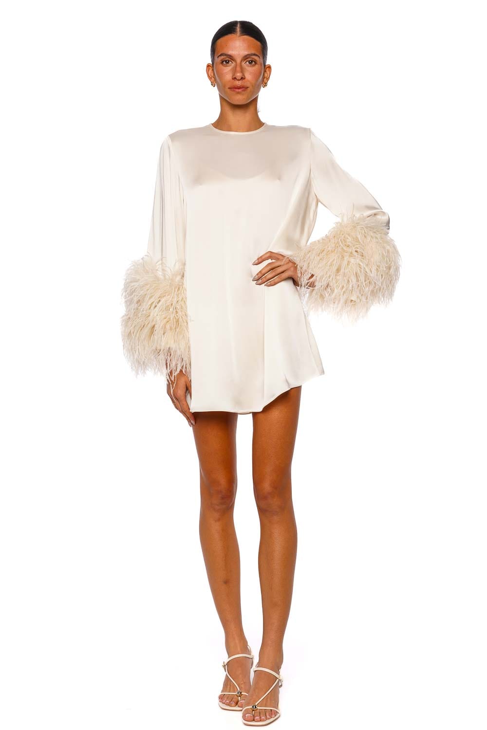 LAPOINTE Doubleface Satin Feather Cream Long Sleeve Mini Dress