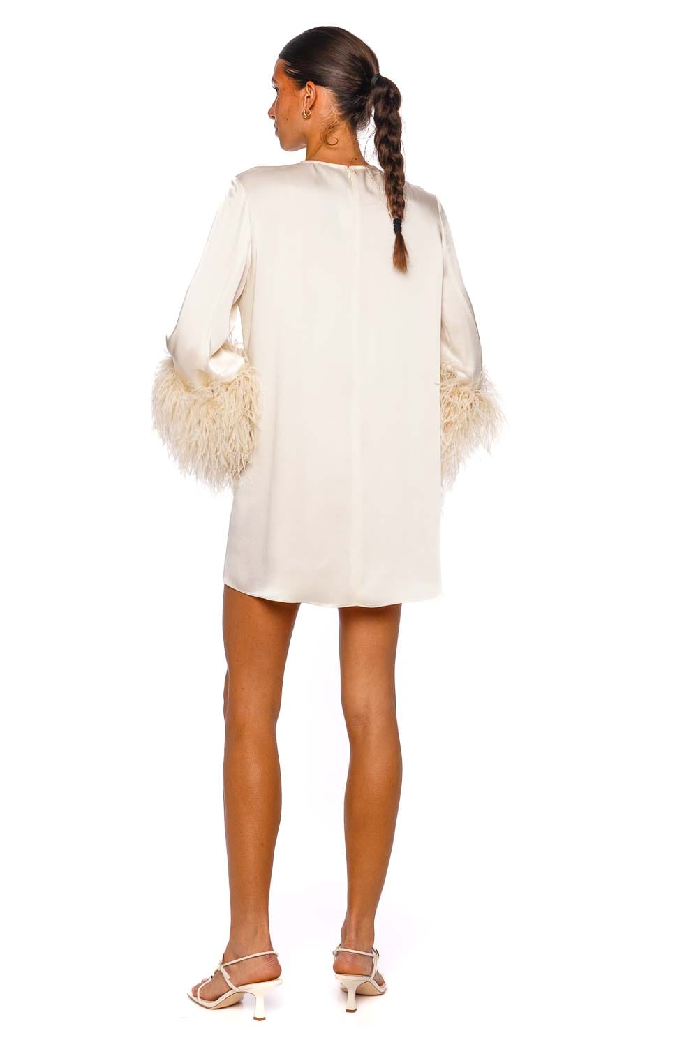LAPOINTE Doubleface Satin Feather Cream Long Sleeve Mini Dress