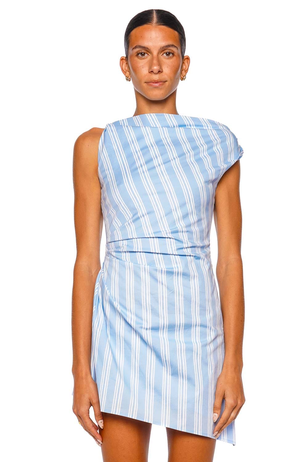 blue and white striped asymmetrical dress Blue Strapless Ruched Mini Dress | Asymmetrical Ruffle Cocktail Dress for  Summer Parties & Vacation main image 1