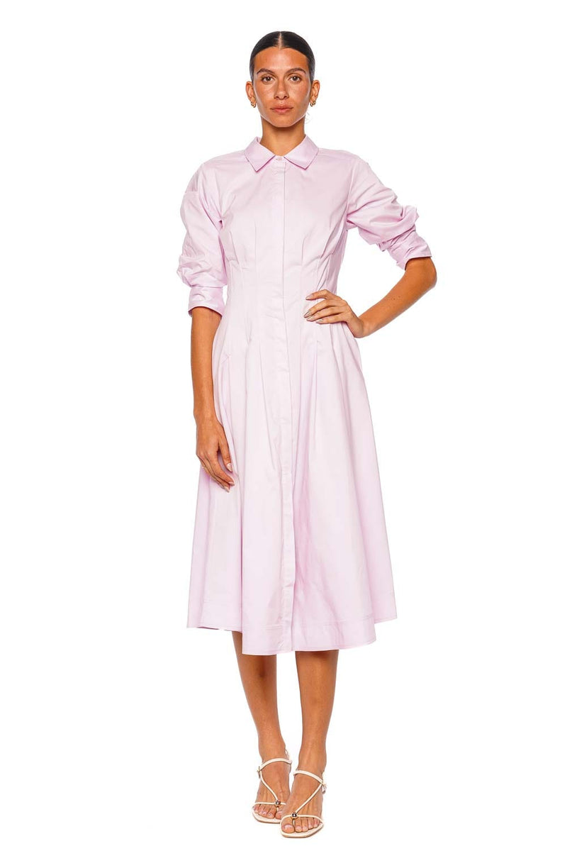 tish poplin midi dress grape embroidery Simkhai Jazz Pintuck Tulip Pink Midi Dress